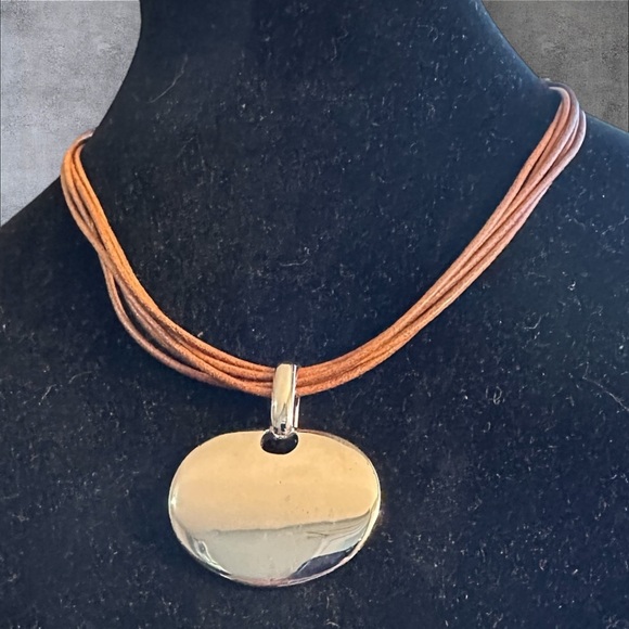 Nine West Gold Oval Pendant Necklace with Brown Cord - Picture 2 of 4